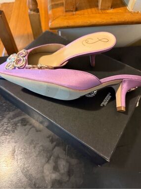 Sam Edelman Lavender Satin Kitten Heel Mules with Crystal Bow